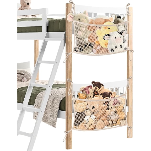 2 Pack Stuffed Animal Storage Net for Kids, Bedside Toy Organizer Net - Neatly Store Your Stuffed Animals, Cotton Bedside Stuffed Animal Storage Net with Tether, Stretches up to 35 Inches, Beige