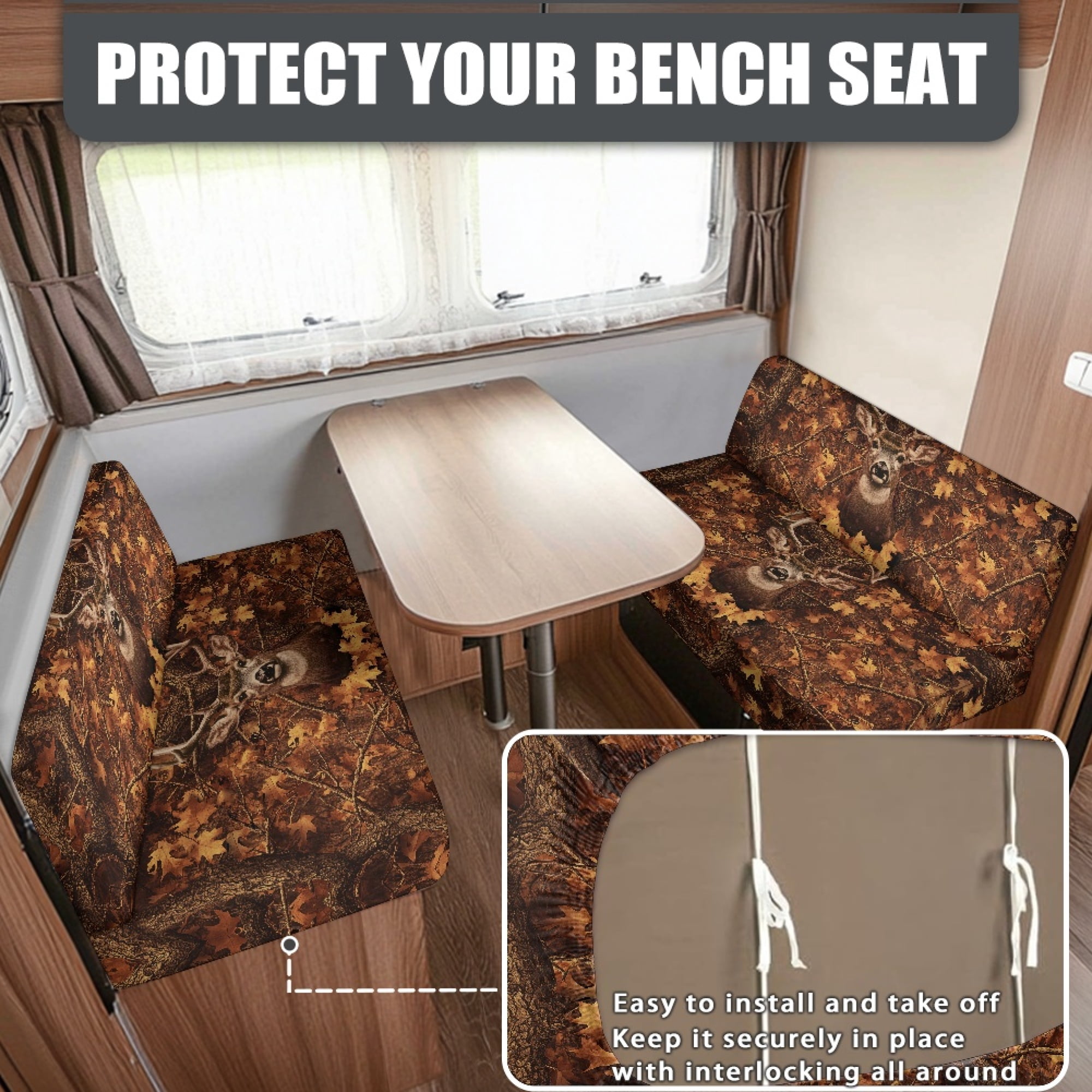 FOR U DESIGNS Deer Camo Print RV Dinette Cushion Covers Washable Sofa Furniture Protector Stretch RV Couch Cover Include 1 Backrest Covers and 1 Bench Covers