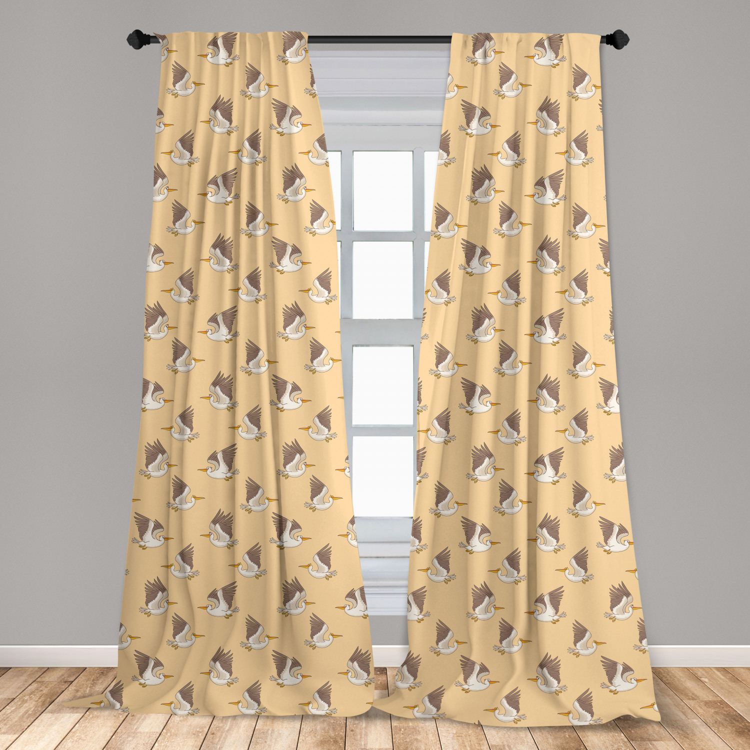 Bird Curtains 2 Panels Set, Cartoon Illustration of Funny Pelicans