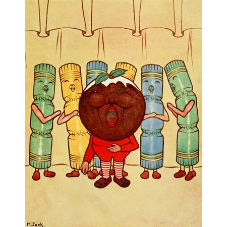 Brownie in Christmas land 1922 Christmas pudding & cracker choir Canvas Art - Marian Jack (24 x 36)