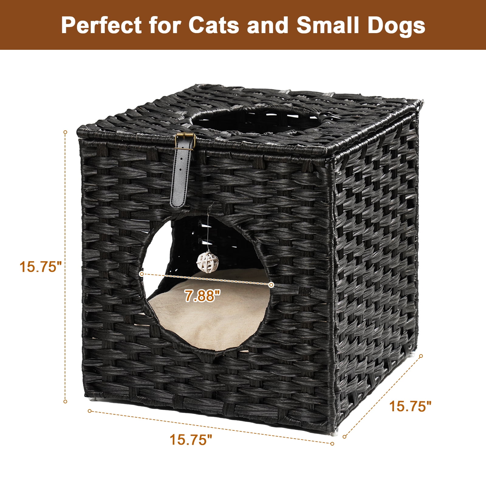 Canddidliike Rattan Cube Cat Bed with Rattan Ball and Mats in Black Canddidliike Rattan Cube Cat Bed with Rattan Ball and Mats in Black