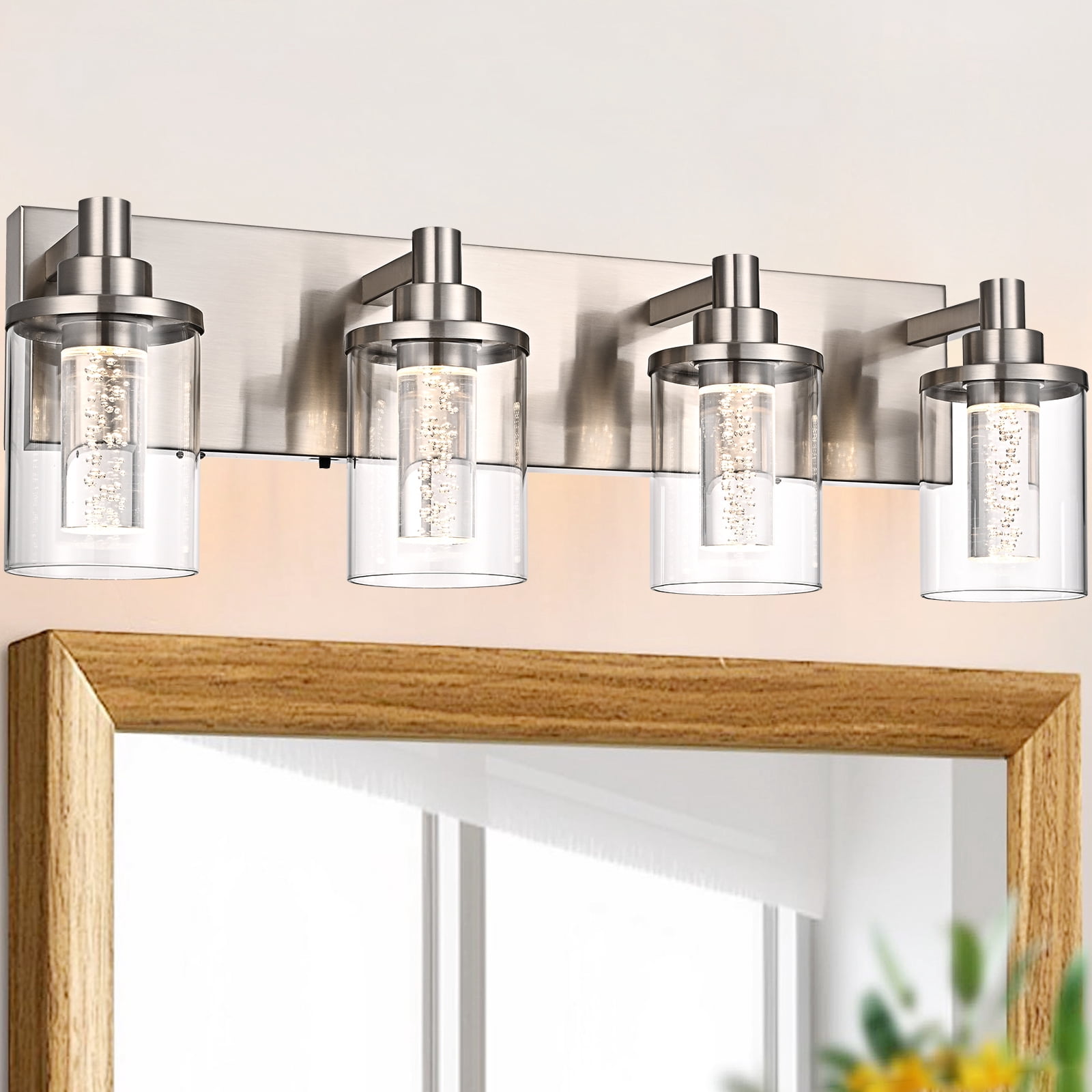 Melucee 5CCT Dimmable LED Brushed Nickel Vanity Lights 4-light, Modern Vanity Lighting Fixtures with Crystal Light Columns and Clear Glass for Bathroom Bedroom