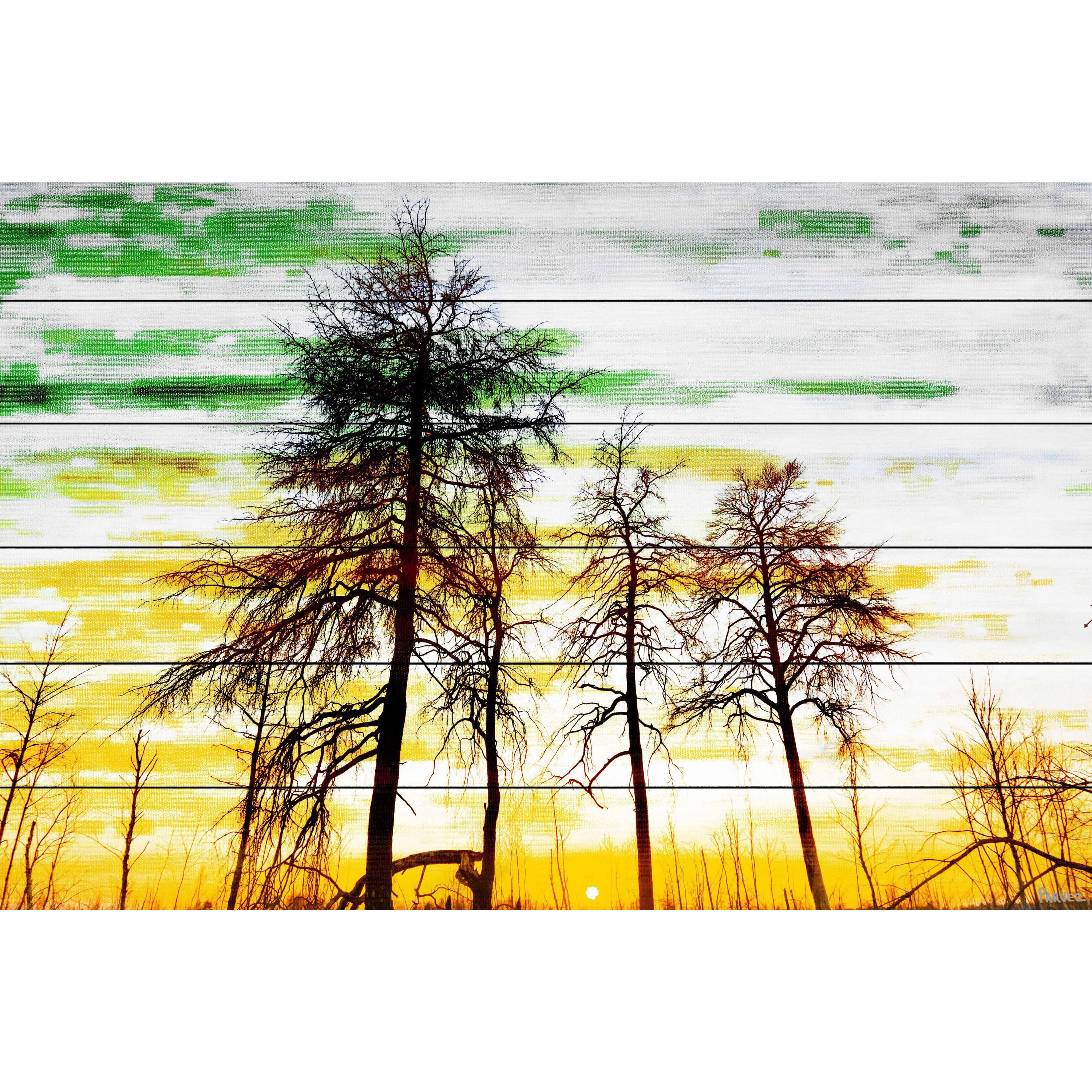 Parvez Taj  - Green and Gold Sky Painting Print on White Wood 45 x 30