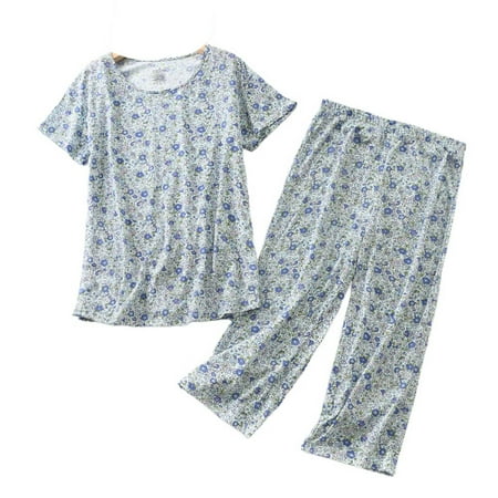 Previn Women s Cotton Capri Pajama Set Cartoon Lounge SetCute 2 Piece Short Sleeve Shirt Capri Pant Pj Sleepwear Comfy Summer Loungewear V Neck Patterned15 Large