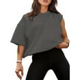 thumbnail image 3 of Women Cropped T-Shirts Drop Shoulder Round Neck Crop Tops Casual Summer Solid Color Basic Tees, 3 of 4