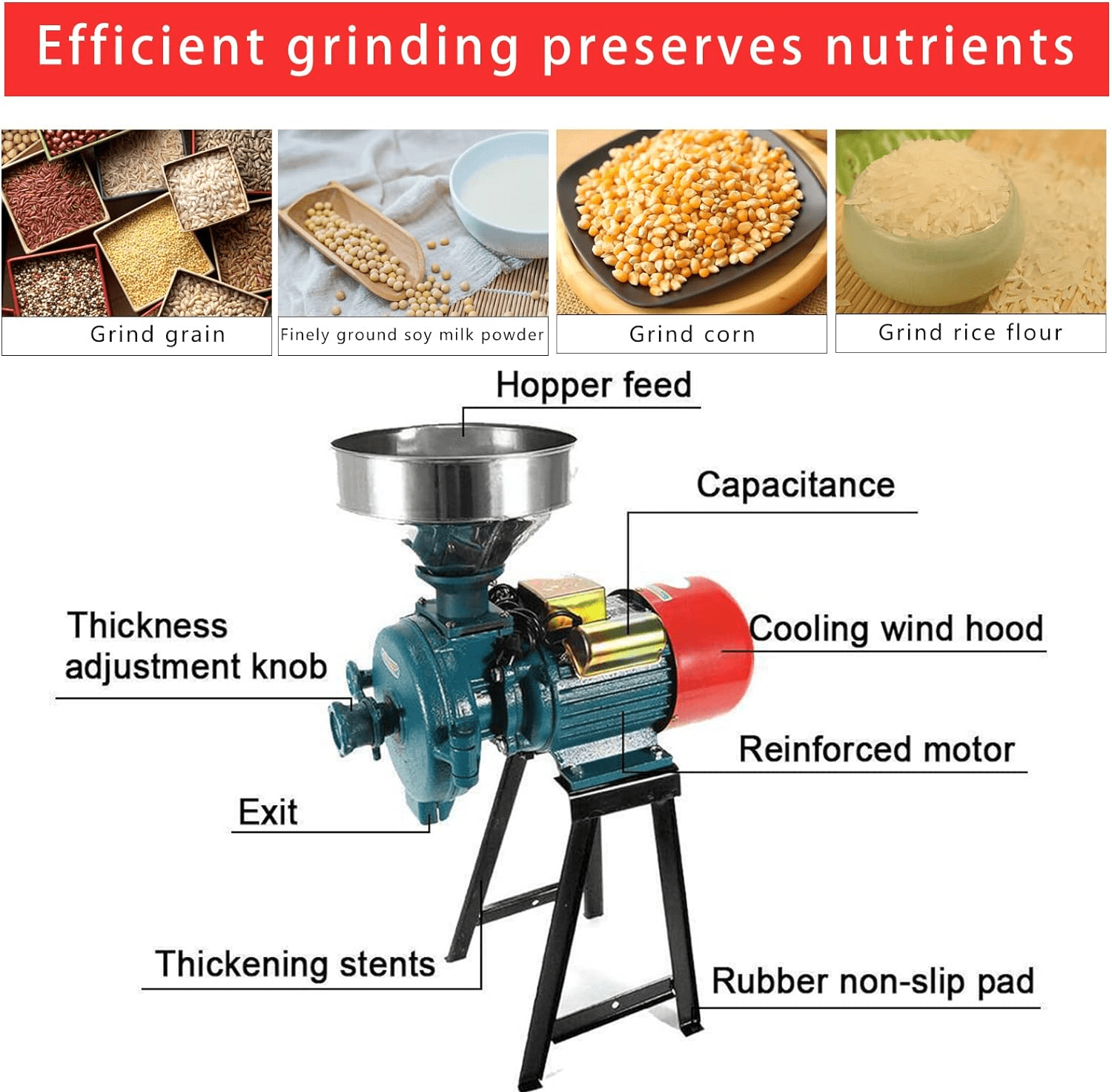 PRIJESSE Electric Grain Grinder Mill 110V 3000W  Dry Corn Grinder Commercial  Feed Mill Dry Cereals Wheat Grinder W/ Funnel
