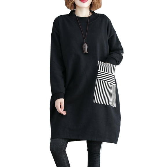 Women's Striped Pocket Casual Crewneck Long Sleeve Pullover Sweater Swatershirt GA1271 Black
