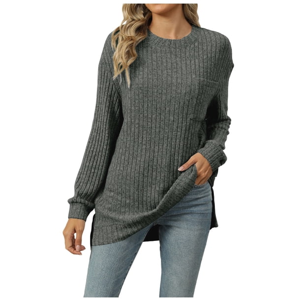 Jersey ligero de manga larga y cuello redondo para mujer - Jersey túnica informal, poliéster de color liso, tallas S-XXL para el otoño