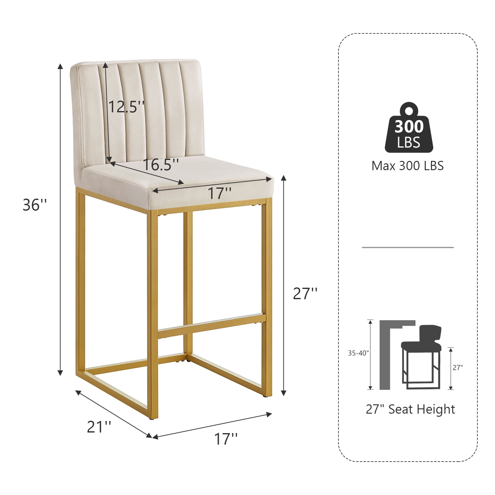 27 Inch Bar Stool, Velvet Counter Height Bar Stools, Set of 4 Bar Chairs with Back and Metal Legs, Kitchen Island Counter Stools for Pub, Dinning Room, Cafes