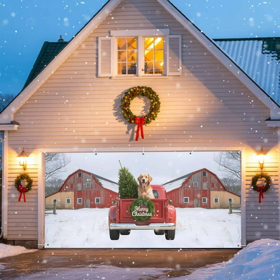 Dog Pine Needles Wreath Christmas Garage Door Decorations, 6x13ft Garage Door Cover Banner with Grommets, Outdoor Garage Door Backdrop Mural for Holiday Party Wall Decor, Pine Tree Barn Snow
