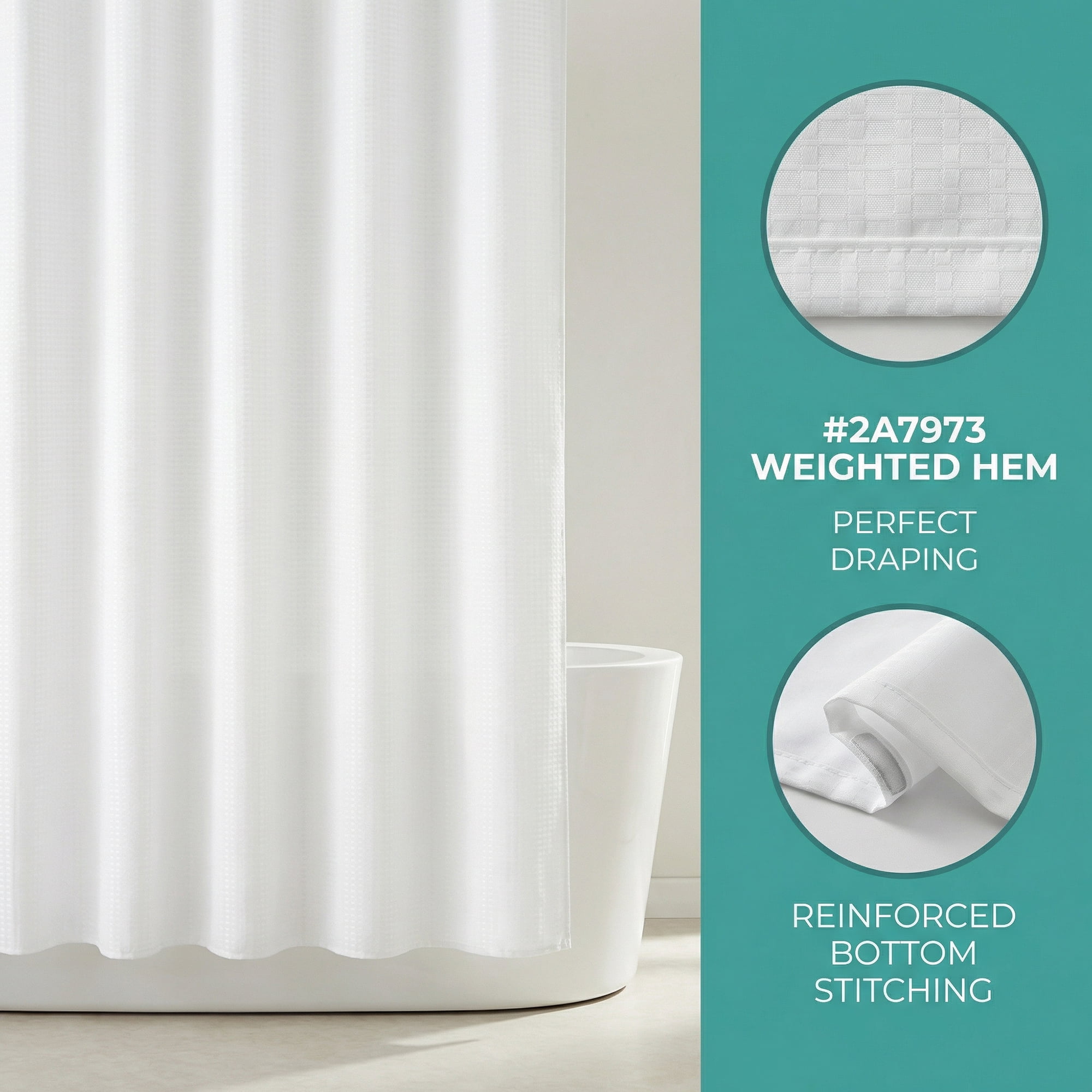Unique Bargains Waffle Weave Shower Curtain Sets with 12 Hooks White 71"W x 71"L
