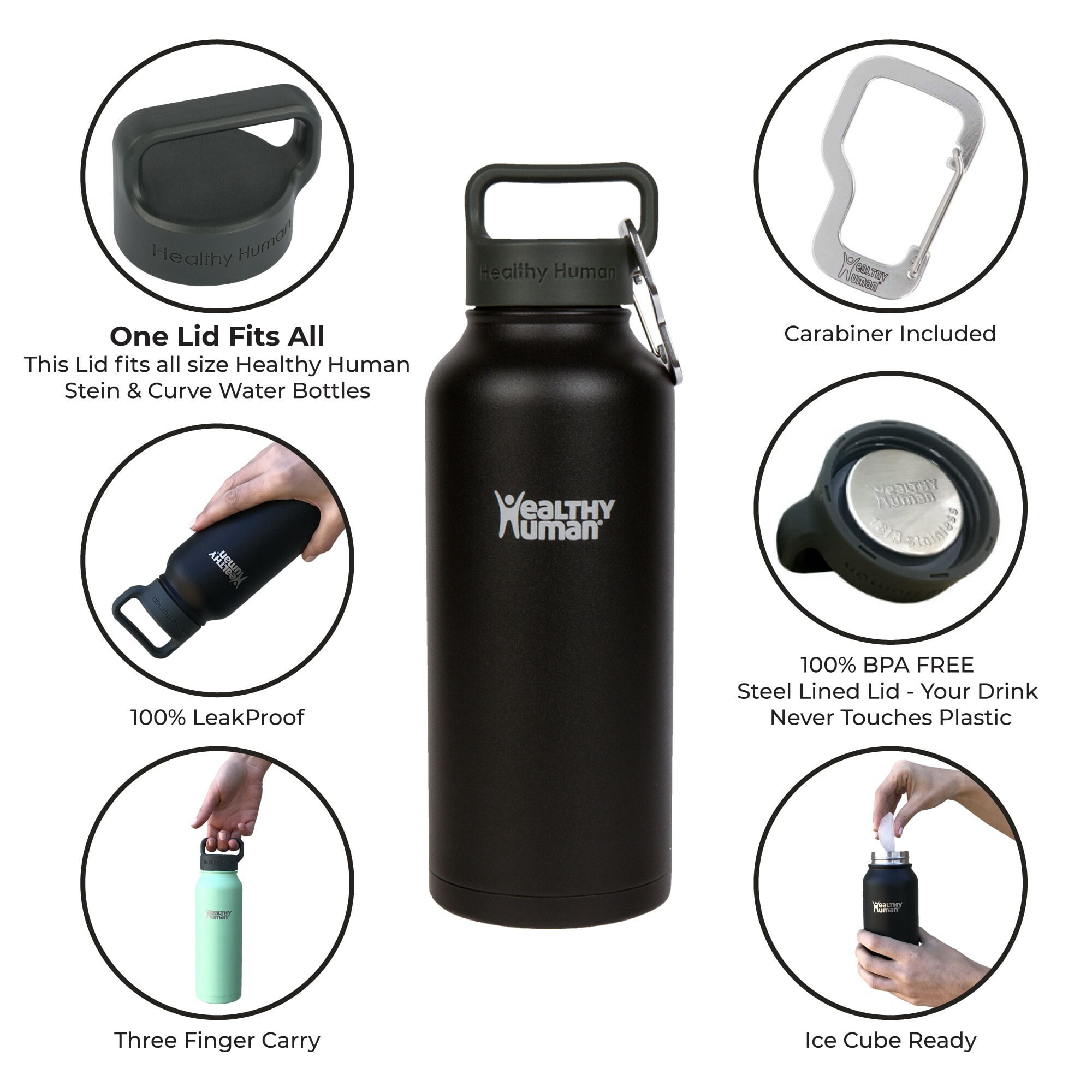 Healthy Human Stainless Steel Water Bottle | Double Walled Vacuum Insulated Water Thermos for Adults | Eco-Friendly Travel Bottles with Leak Proof Lid (Pure Black, 32 oz/ 946 ML)