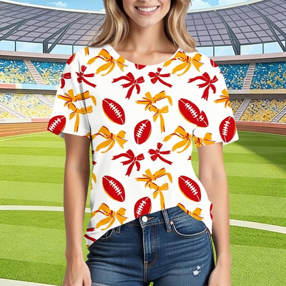 BRGZLK Women's Rugby Tops Short Sleeve Graphic Print Casual T Shirt Round Neck Comfy Blouses Game Days Shirts