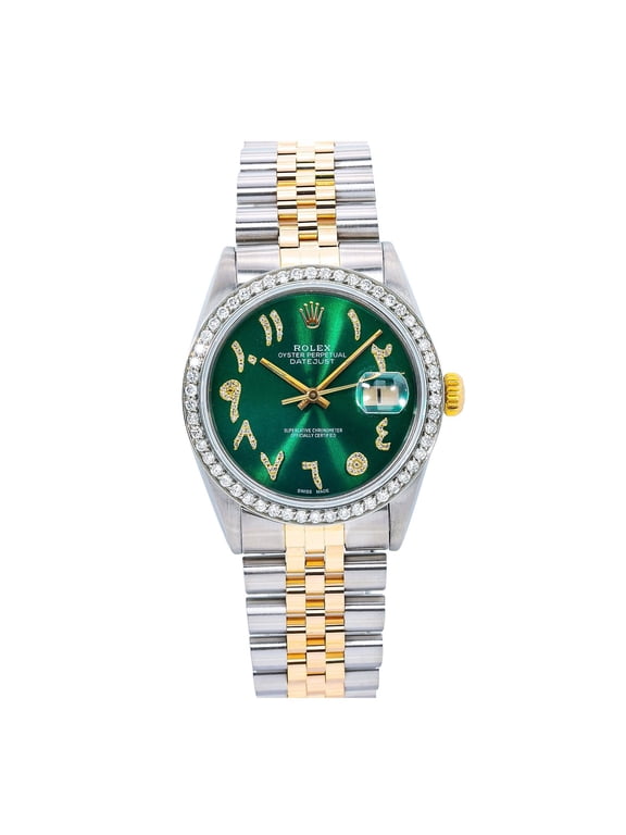 Pre-Owned Rolex Datejust 36MM 16013 Green Roman Diamond Dial Diamond Bezel Two Tone Yellow Gold Jubilee Bracelet 1.25ct