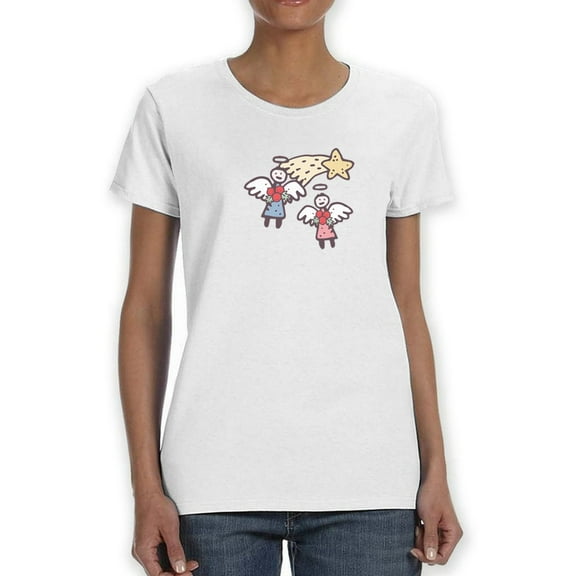Cute Christmas Angels Flying Women White T-Shirt, Female x-Large