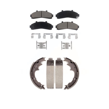 Transit Auto Front Rear Ceramic Brake Pads and Drum Shoes Kit for Car Ford Ranger Mazda B4000 B3000 B2300 B2500 with 9" Diameter KCN-100325