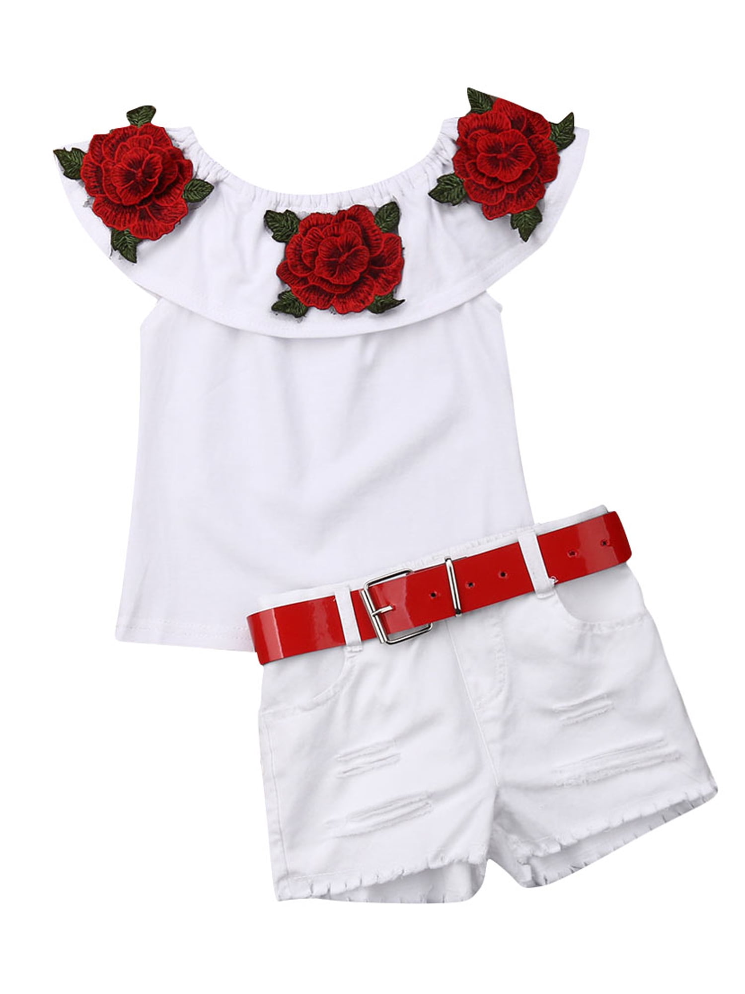 Toddler Baby Girl Summer Outfits Off Shoulder Shirt Top and Floral Belted Shorts Clothing Set