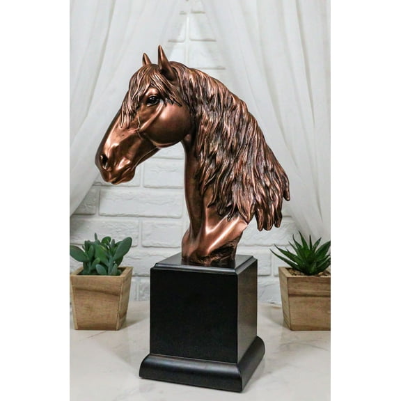 Rustic Western Country Horse Head Bust Figurine In Bronze Electroplated Finish