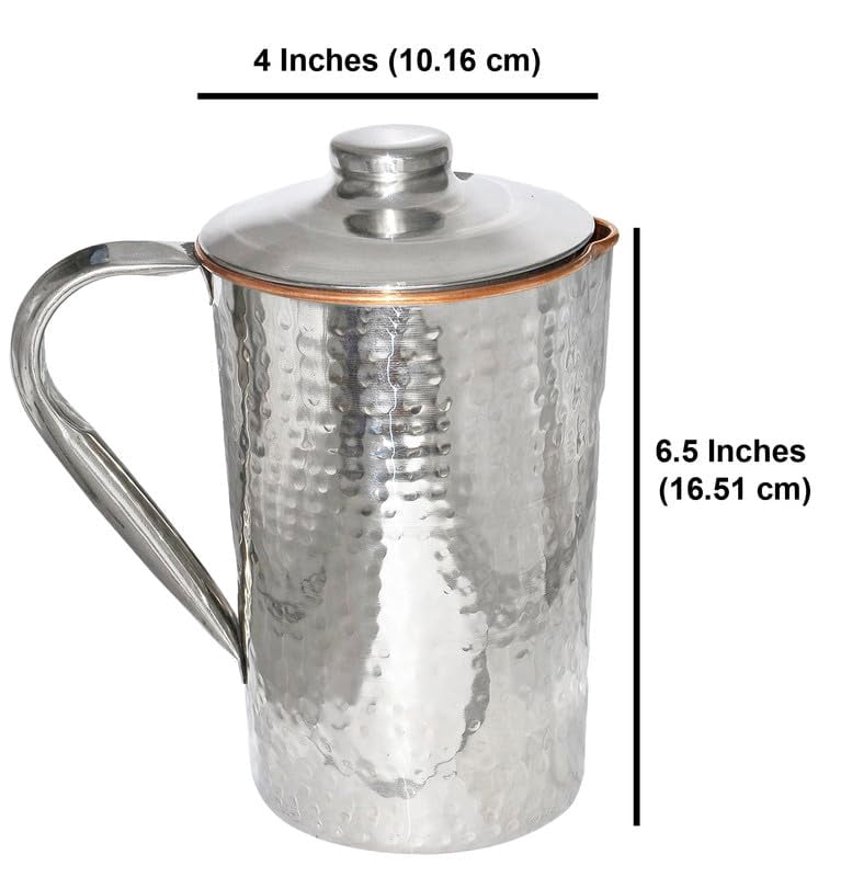 IMTRA FASHION Pure Copper and Stainless Steel Pitcher 50.7 Fl Oz Hammered Water Jug With Lid for Drinking Ayurveda Health Benefits