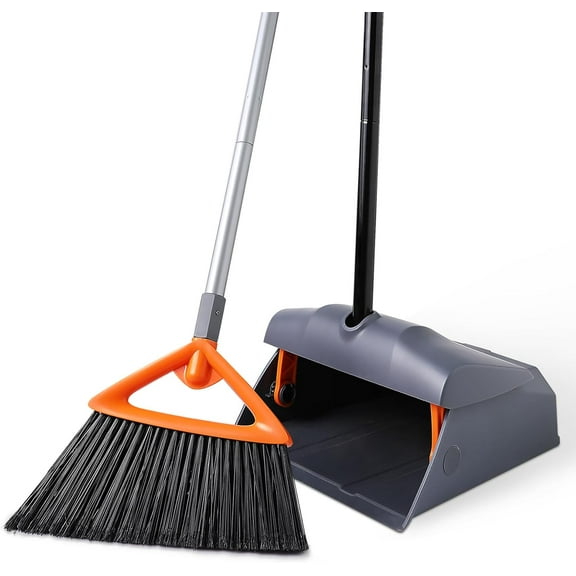 Efoee Heavy Duty Broom with Dustpan Combo Set Indoor and Outdoor Dual Purpose,Stiff Bristle Commercial Angle Broom and Standing Dust Pans with Long Handle for Sweeping Home,Kitchen,Yard,Grey