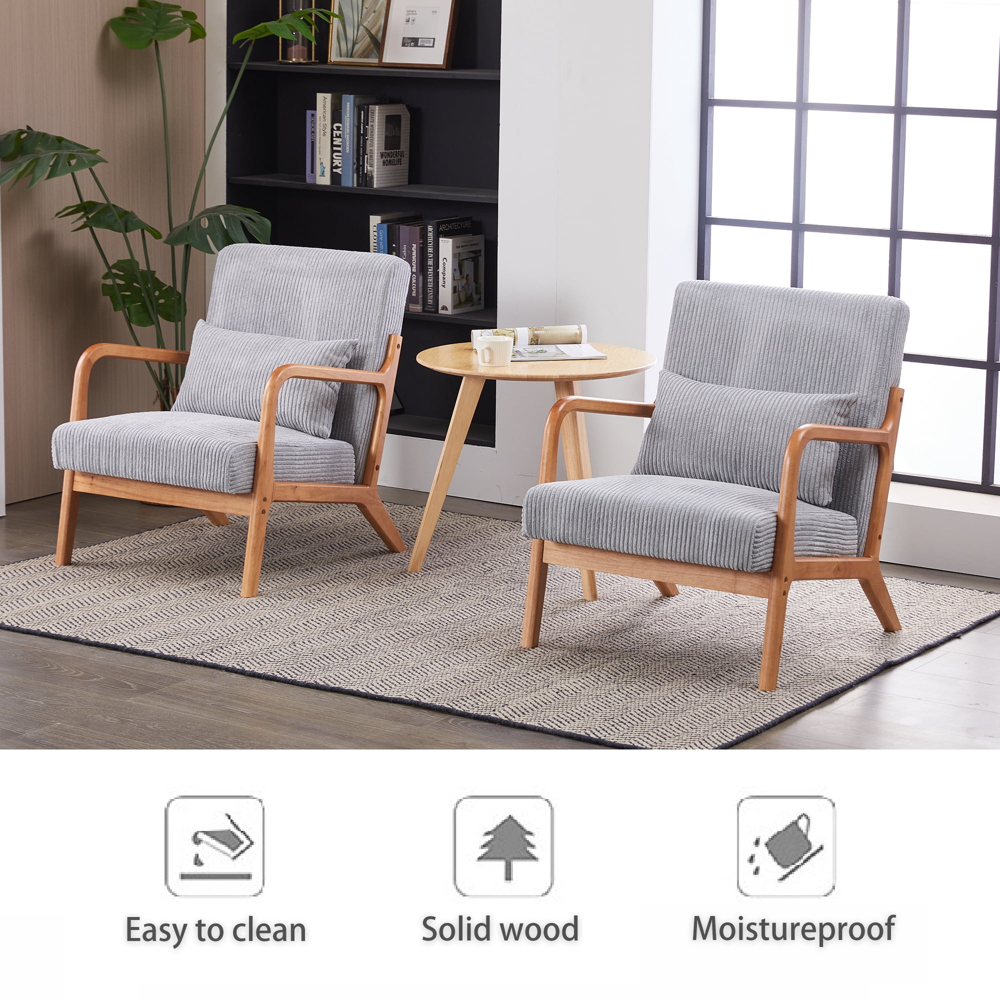 Leumius Modern Arm Chair Upholstered Reading Accent Chair with Pillow & Solid Wood Frame for Living Room Bedroom,Light Gray