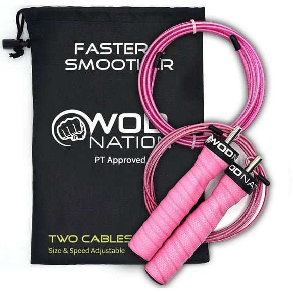 WOD Nation Attack Speed Jump Rope : Adjustable Jumping Ropes : Unique Two Cable Skipping Workout System : One Thick and One Light 11 Foot Cable : Perfect for Double Unders forHiit : Fits Men and Women