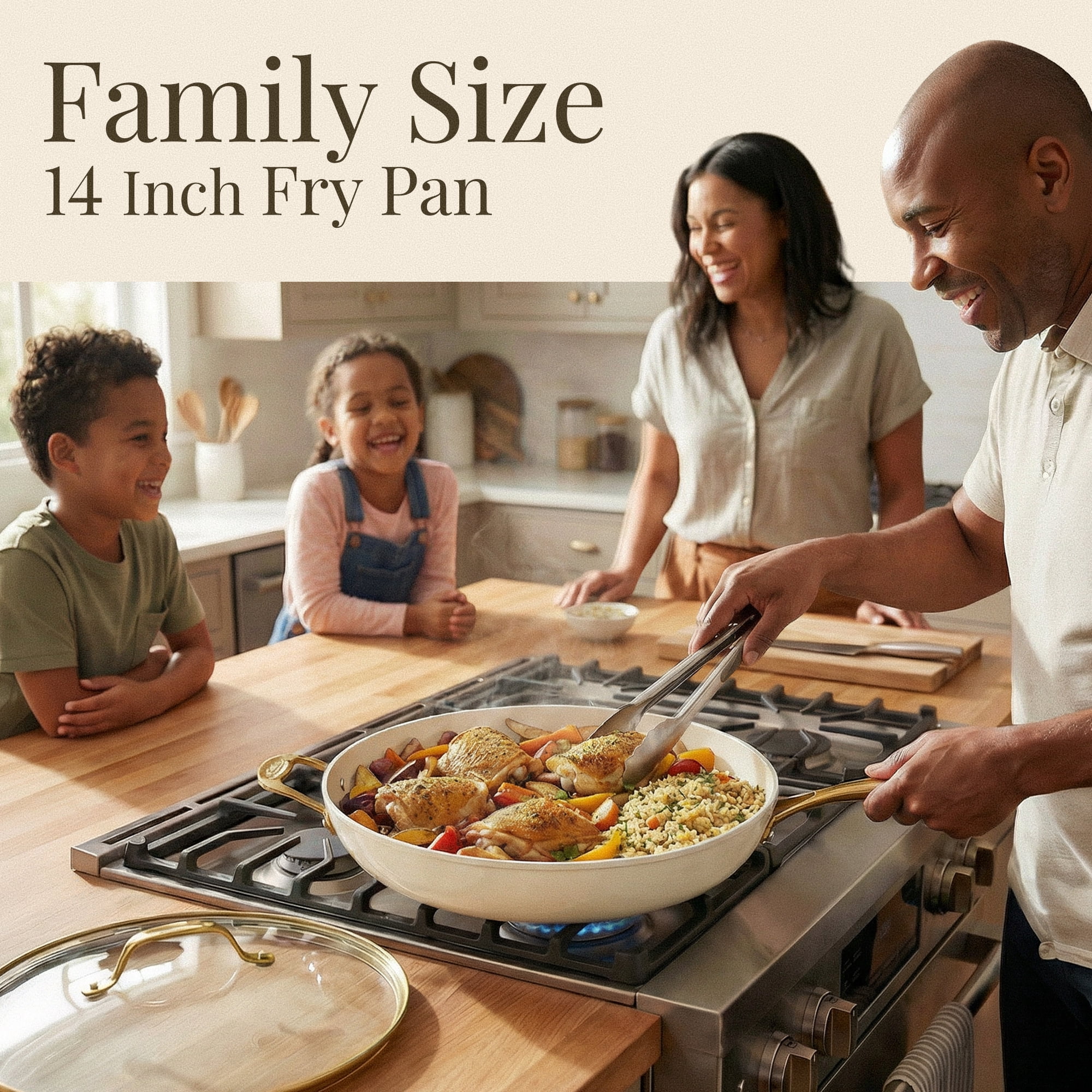 Gotham Steel 14 Inch Frying Pan with Lid, Extra Large Frying Pan Skillet for Family Cooking, Non Toxic Ceramic Nonstick Coating, Ergonomic Stay Cool Handle + Helper Handle, Oven and Diswasher Safe