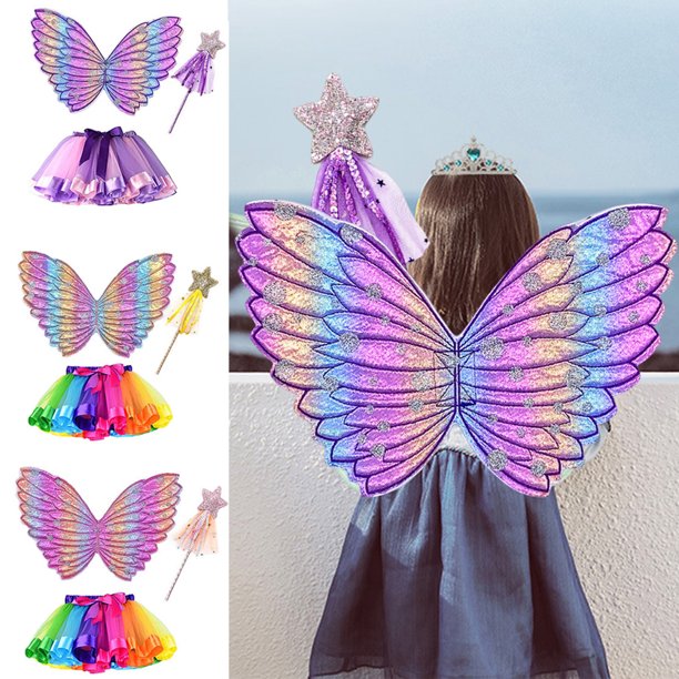 Dengjunhu Girls Butterfly Wings Angel Wings Stretchy Dresses Set Kids