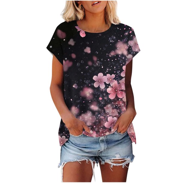 Puntoco Liquidación de blusas cortas para mujer, blusa informal de manga corta con cuello redondo y estampado para mujer