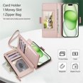 thumbnail image 4 of For iPhone 15 Plus RFID Blocking Wallet Case, Crossbody Purse Phone Case with 9 Card Slots, Zipper Pocket & Detachable Strap,Rose Gold,For iPhone 15 Plus, 4 of 9