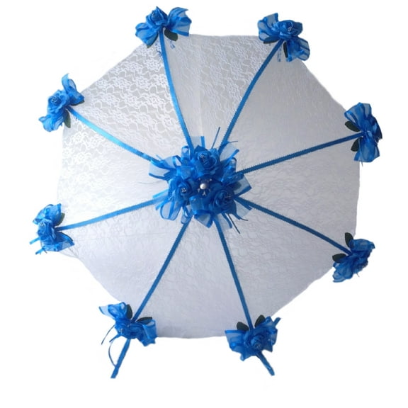 Decorated Bridal Shower Wedding White Lace Umbrella Parasol 36" Royal Blue Roses