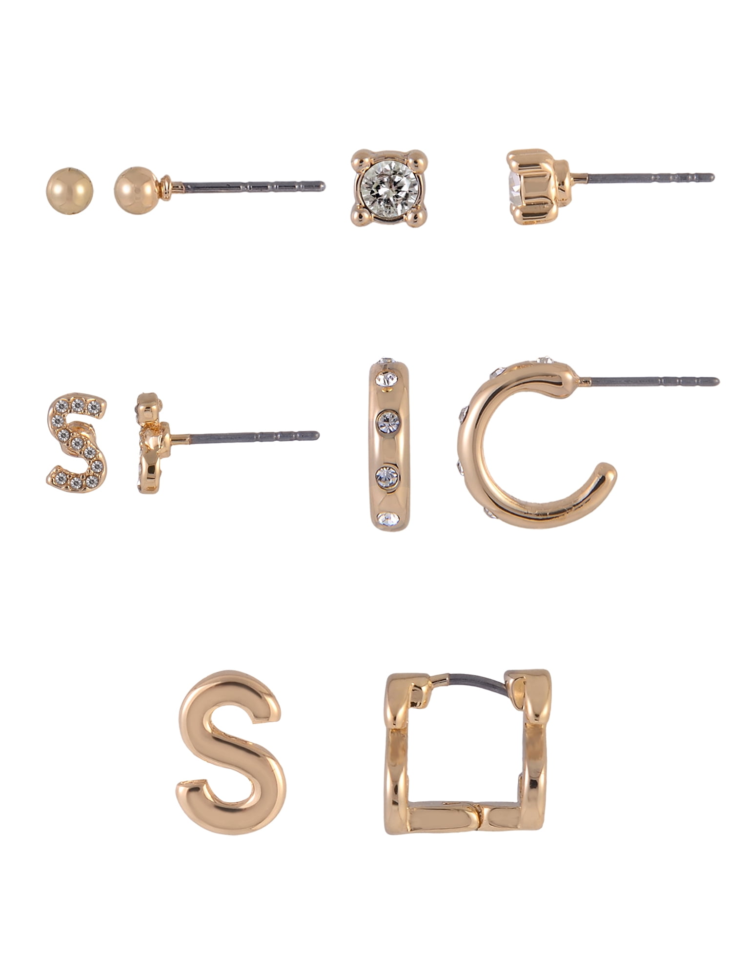 Time and Tru Goldtone 5pc Crystal Studs Hoop Initial "S"Earring Set