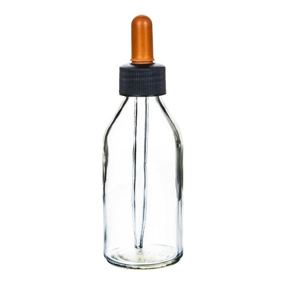 Dropping Bottle, 100ml (3.3oz) - Transparent Soda Glass - Screw Cap with Glass Dropper & Rubber Bulb - Eisco Labs