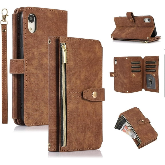 Case for iPhone XR, 9 Card Slots Retro Leather Wallet Shockproof Flip Cover with Hand Strap Card Slots Zipper Pocket Kickstand Handbag Magnetic Closure - Retro Brown