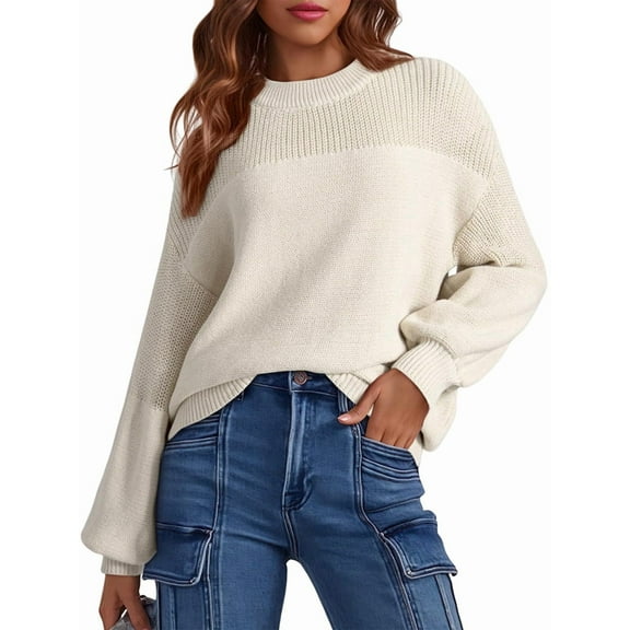 Women'S Casual Long Sleeve Sweaters Loose Crewneck Knit Solid Pullover Sweater Jumper Tops White S
