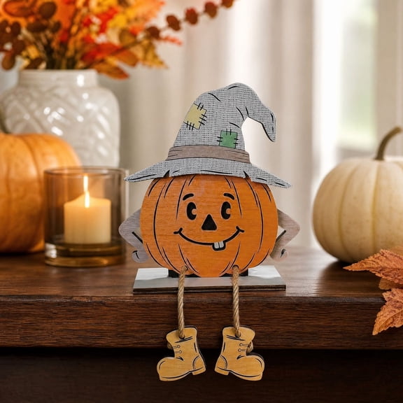 Wooden Pumpkin Man Shelf Sitter with Hat and Dangling Legs, Halloween Harvest Figurine, Fall Tabletop Decoration for Mantels, Shelves and Seasonal Party Displays