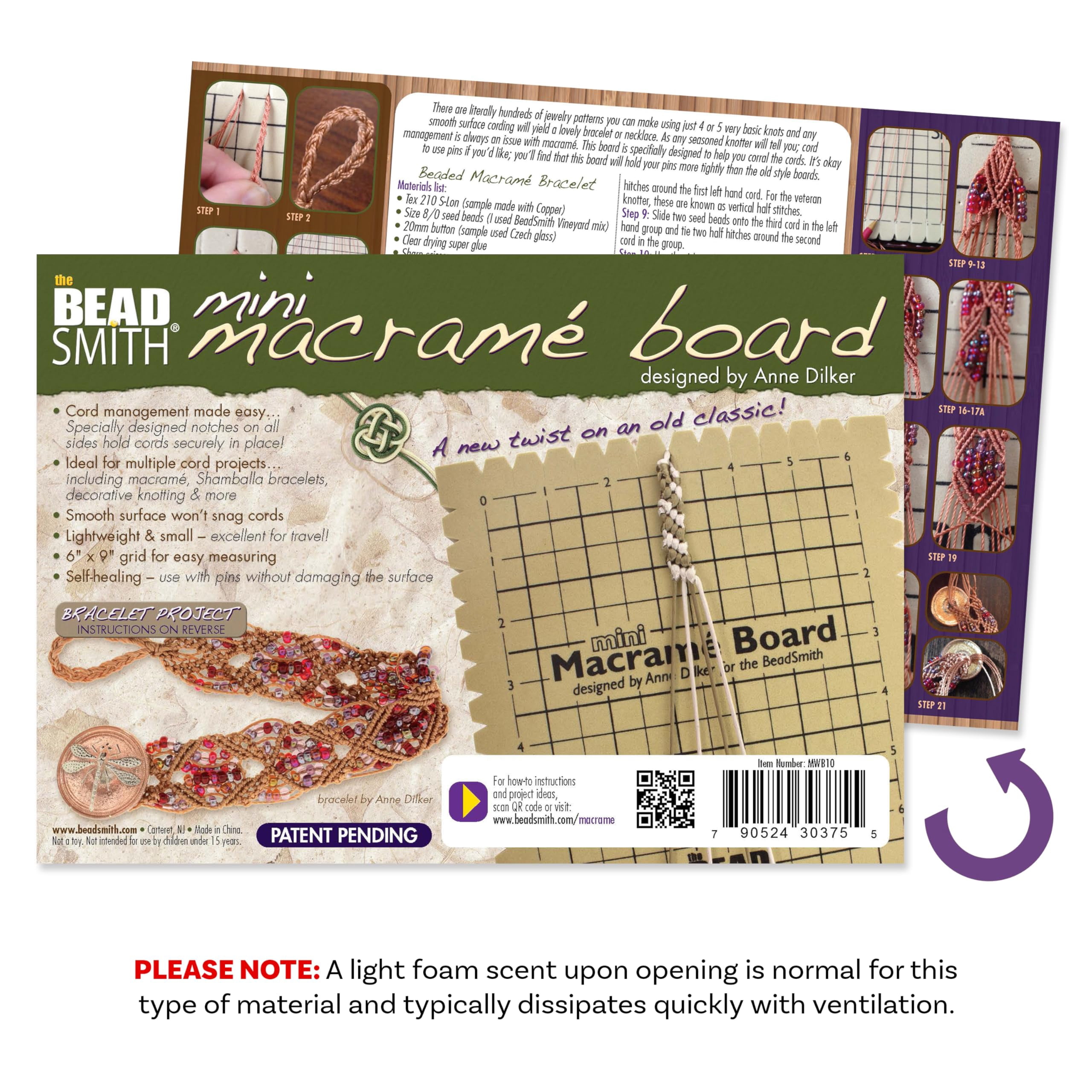 The Beadsmith Mini Macrame Combo - Bead Board 7.5 x 10.5 inches - Box of 40 T-pins 1.75 inches - Bracelet Project & Instructions Included - For securing & creating Macrame and Knotting Creations