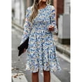 thumbnail image 4 of Vestido de manga larga para mujer, cuello redondo, vestido suelto, estampado a media cintura, falda informal elegante para mujer, azul XL, 4 of 8
