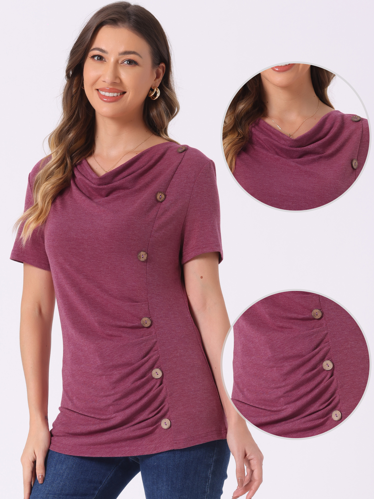DARING DIVA Women's Cowl Neck Ruched Short Sleeve Tops with Button Decor M Burgundy