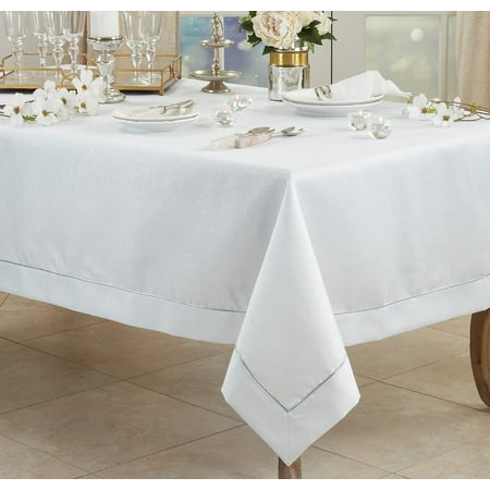 

Fennco Styles Metallic Piping Shimmering Tablecloth 65 W x 90 L - White Table Cover for Home Dining Room Décor Holiday Banquet Family Gathering and Special Occasion