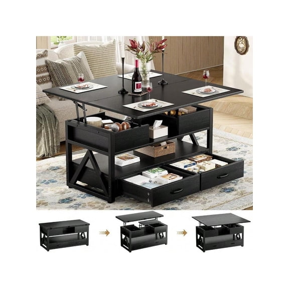 40" Lift Top Coffee Table with Storage Drawers & Hidden Compartment, Farmhouse Coffee Table for Living Room, Black