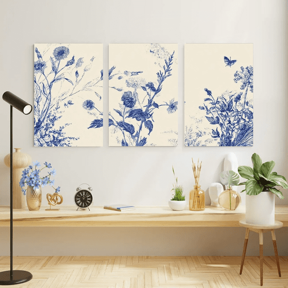 3pcs Canvas Print, Blue Toned Plant Wall Decoration, Minimalist Mural, Plant Art Print, Room Aesthetic Decoration, Fashionable Mural Poster, Suitable for Coffee Shop Living Room Bedroom Dining Room