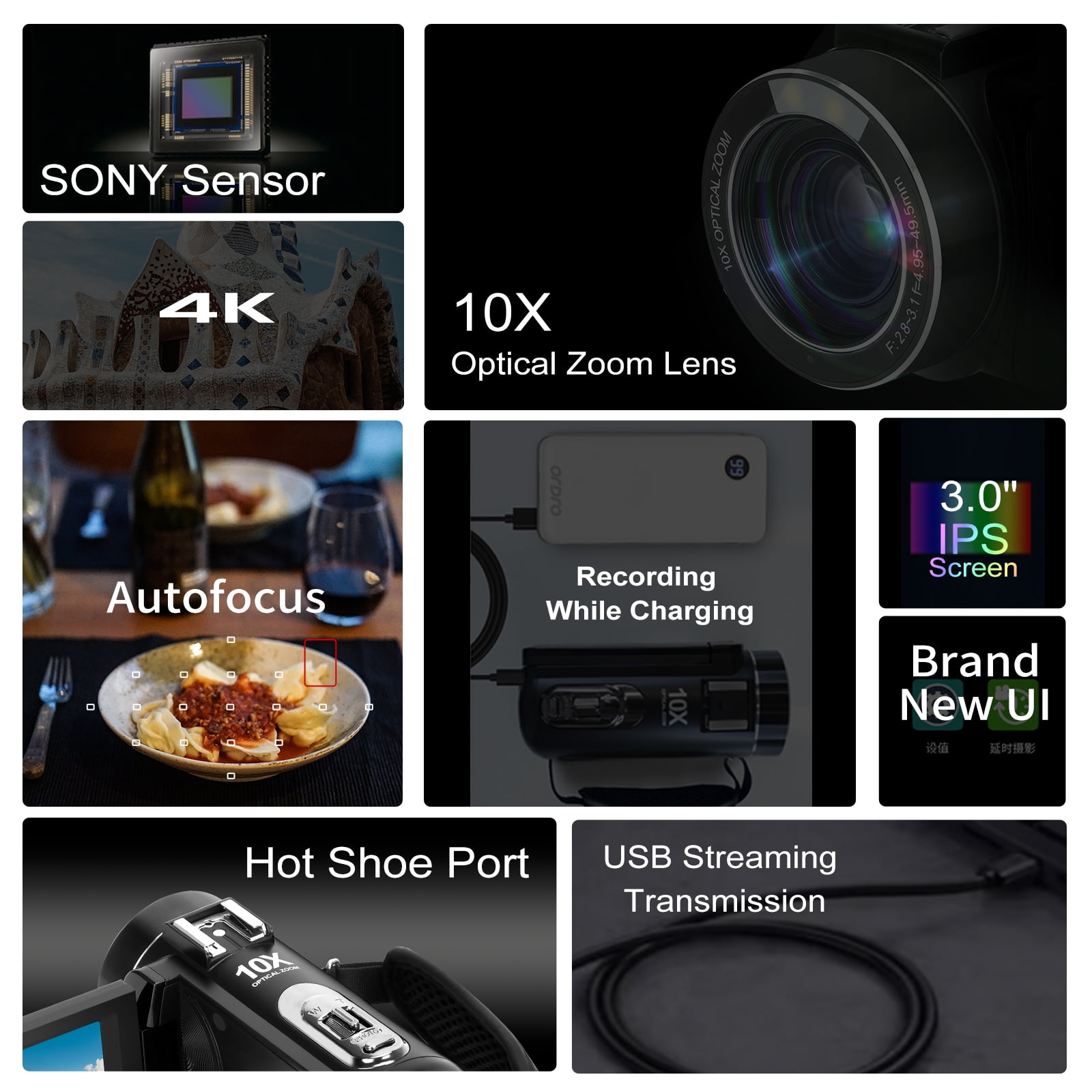 ORDRO Video Camera 4K Digital Camcorder 10X Optical Zoom 30MP Vlog Camera for YouTube Photography
