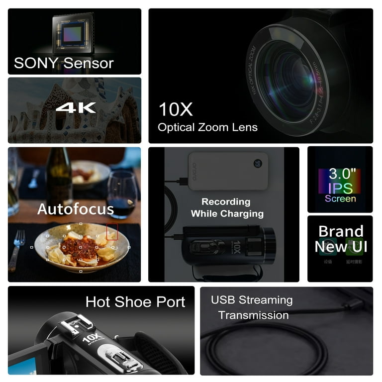 ORDRO 4K Digital Camcorder - 30MP, 10x Optical Zoom, 3" Touch Screen For YouTube & Vlogging