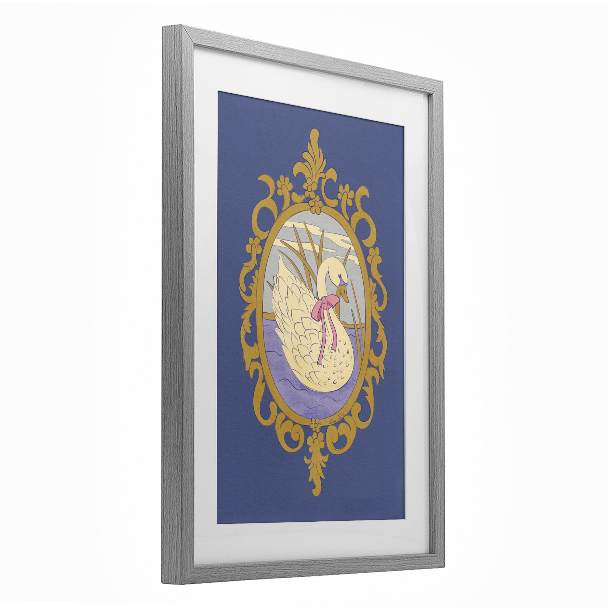 Stupell Industries Swan and Ornate Pattern Gray Framed Print Under Glass, design by Carrie Cantwell
