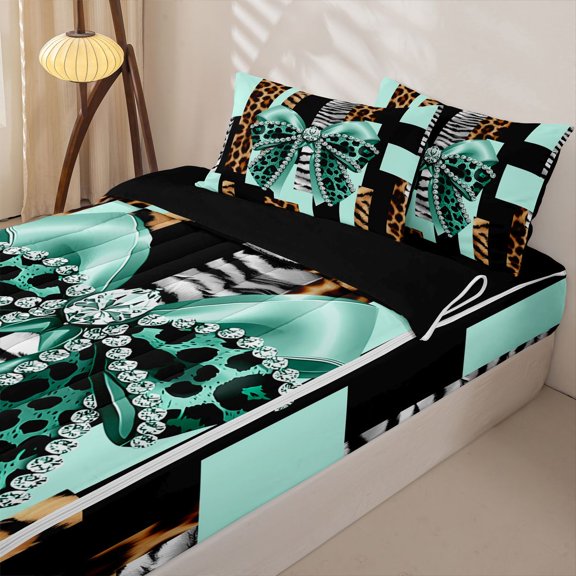 Homewish Green Leopard Ribbon Zipper Full Size Comforter Sets with Fitted Sheet and 2 Pillowcases for Kids, Modern Cheetah Print Zipper Bedding Set, Black Reversible, 4-Piece