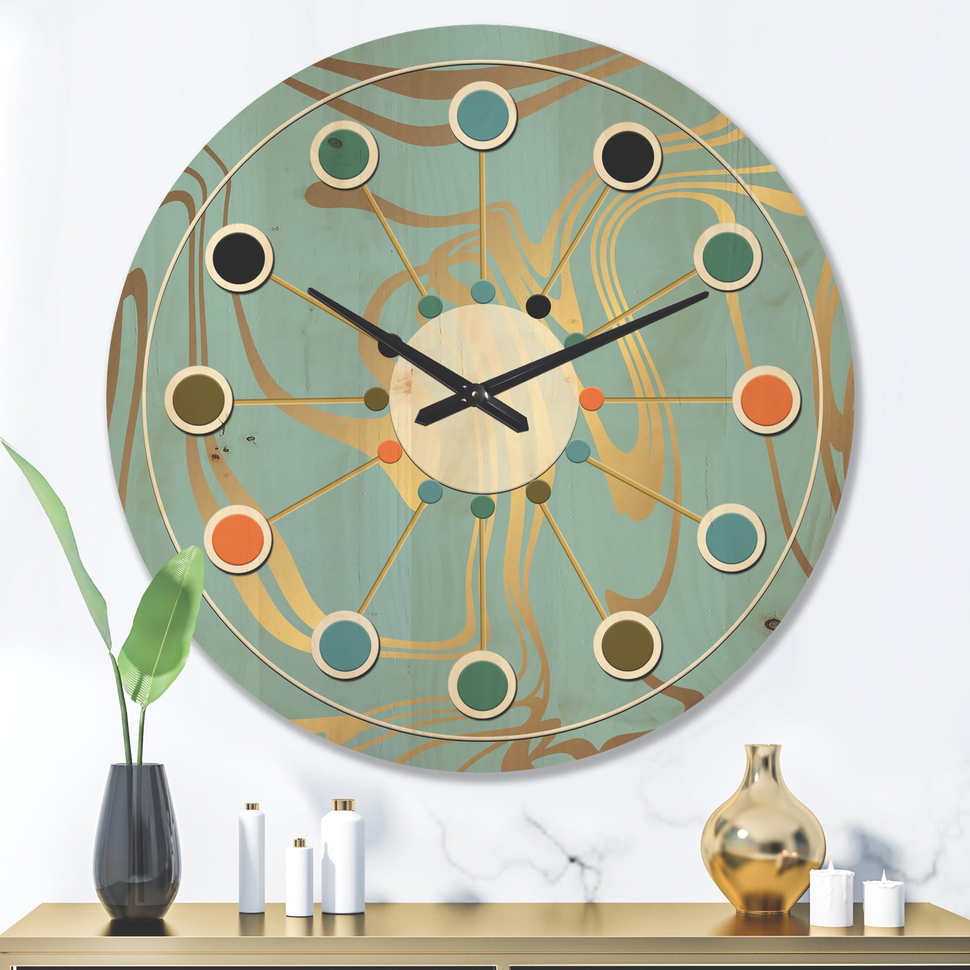 Designart 'Golden Colored Marble Design I' Mid-Century Modern Wood Wall Clock