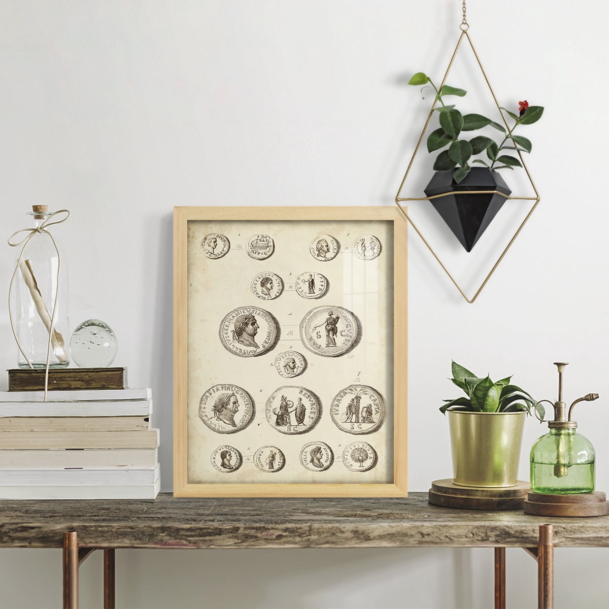 Antique Roman Coins III -Framed Print w/glass-Natural Wood