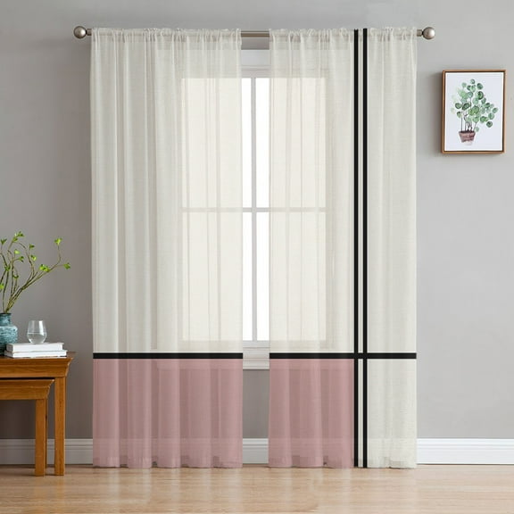 Abstract Blush Pink, Sheer Curtains 84 Inches Long 2 Panels Set, Window Sheer Curtains for Living Room/Bedroom, Modern Geometric Patchwork Stripes Art Light Filter Rod Pocket Curtain 52'' x 84'' x 2