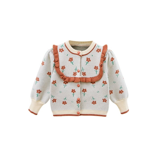 Wangsaura Baby Girls Ruffle Cardigan Long Sleeve Round Neck Floral Print Button Down Sweater Fall Tops